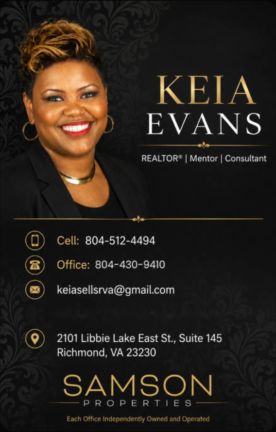 Keia Evans business card with contact information